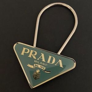 Authentic PRADA Triangle LOGO Plate Key Ring Holder Charm Silver M285/Mint Color